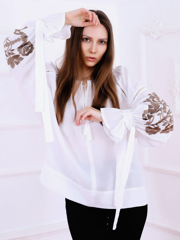 Tree of Life Blouse - White-Colored Fabric-FLORII-XS-Cappuccino