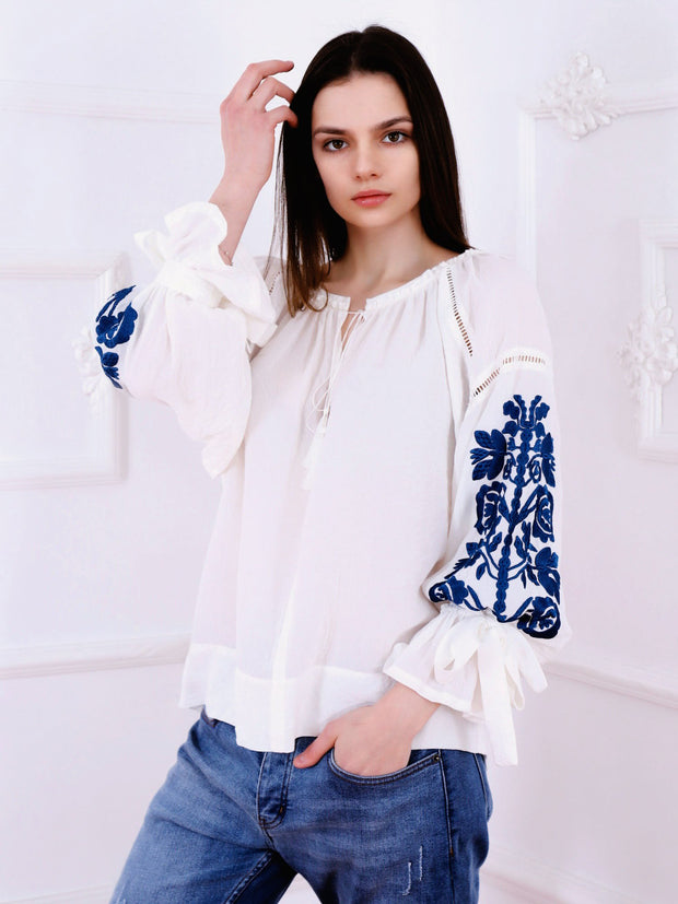 Tree of Life Blouse - White-Colored Fabric-FLORII-XS-Petrol