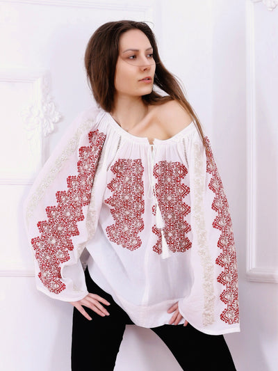 Magnifique Blouse - White-Colored Fabric-FLORII-XL-Milano Red/Golden Thread