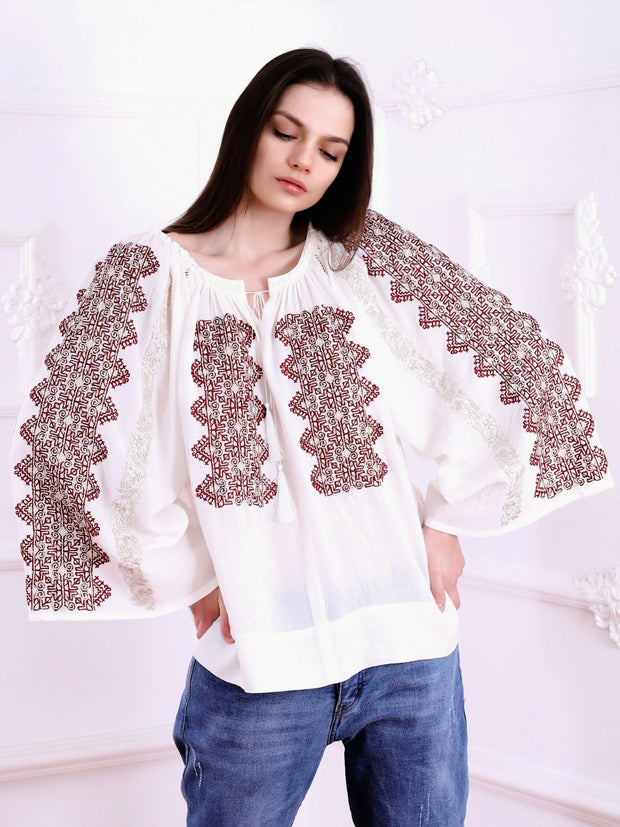 Magnifique Blouse - White-Colored Fabric-FLORII-XL-Marsala Red/Golden Thread
