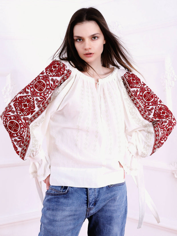 Infinity Blouse - White-Colored Fabric-FLORII-XS-Marsala Red/Golden Thread