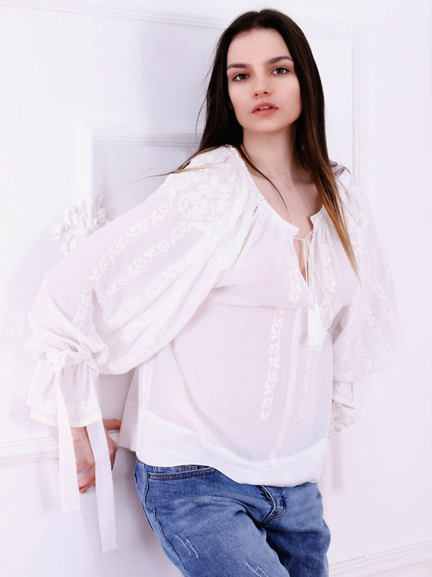 Roses Blouse - White-Colored Fabric